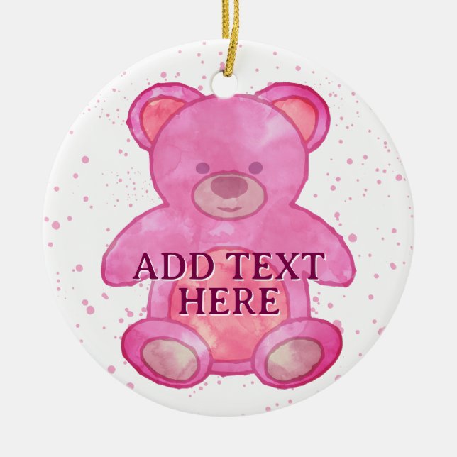 Cute Baby Bear In Pink Custom Text Ceramic Ornament (Front)