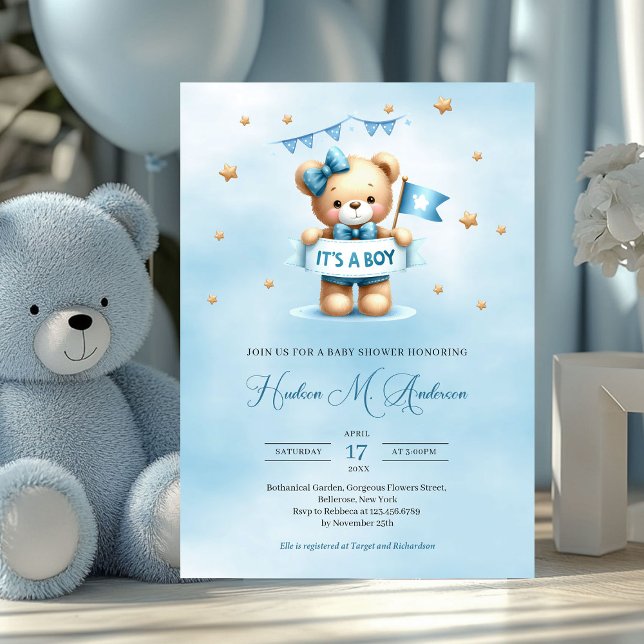 Cute baby bear it's a boy baby shower invitation (teddy bear with ribbon it's a boy baby shower invitation)