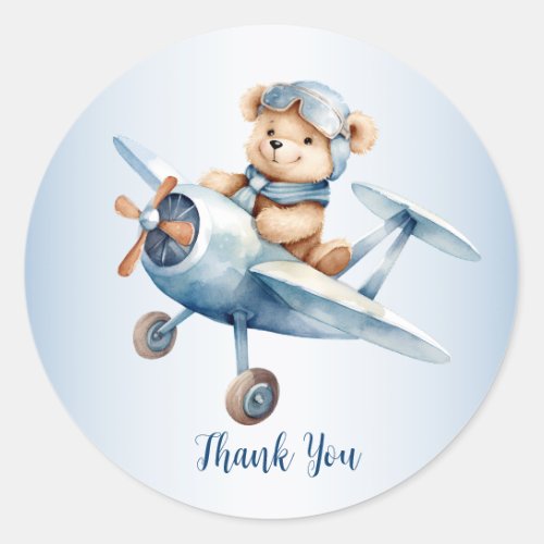 Cute Baby Bear Pilot Blue Airplane Beautiful Classic Round Sticker