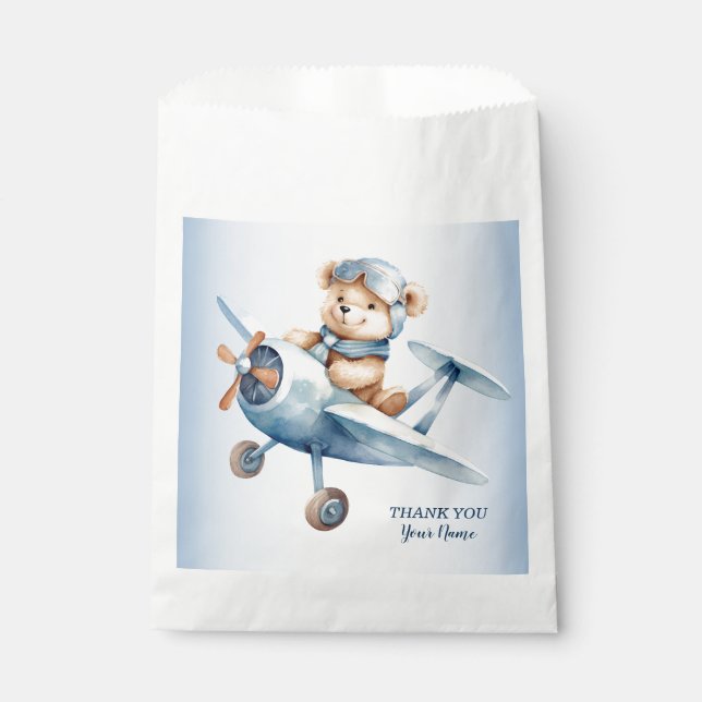 Cute Baby Bear Pilot Blue Airplane Beautiful Favor Bag (Front)