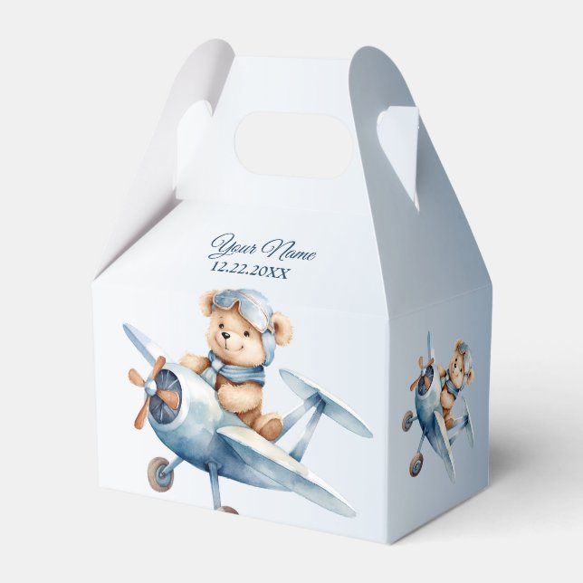 Cute Baby Bear Pilot Blue Airplane Beautiful Favor Boxes (Front Side)