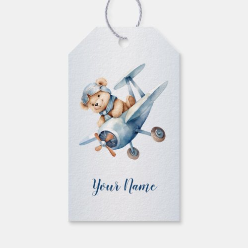 Cute Baby Bear Pilot Blue Airplane Beautiful Gift Tags