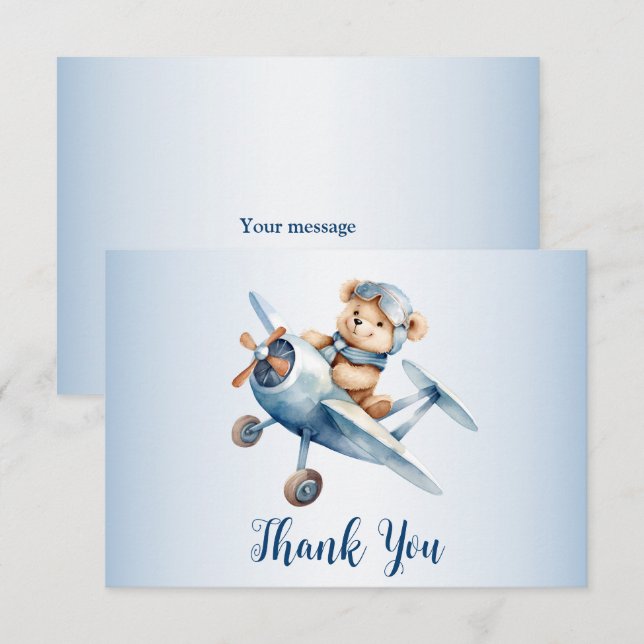 Cute Baby Bear Pilot Blue Airplane Beautiful Thank You Card (Front/Back)
