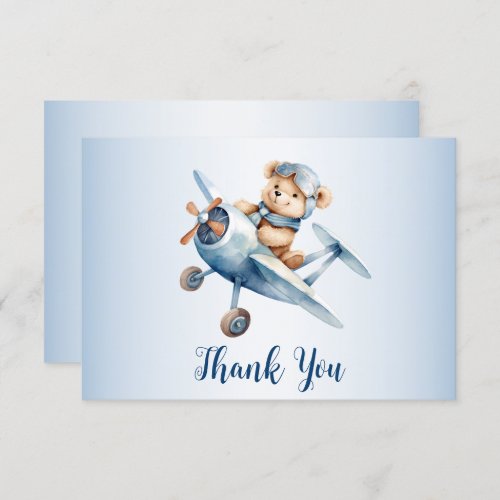 Cute Baby Bear Pilot Blue Airplane Beautiful Thank You Card