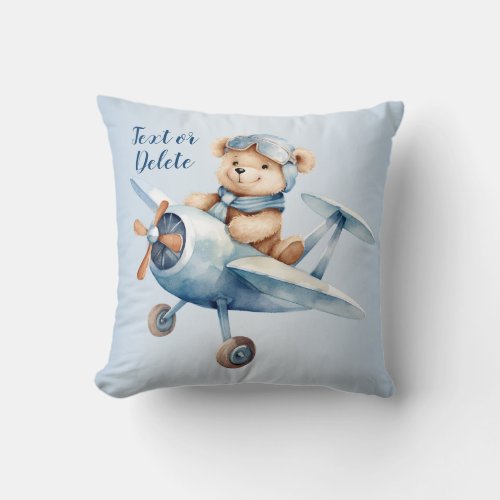 Cute Baby Bear Pilot Blue Airplane Beautiful Throw Pillow