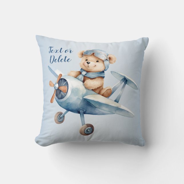 Cute Baby Bear Pilot Blue Airplane Beautiful Throw Pillow (Front)