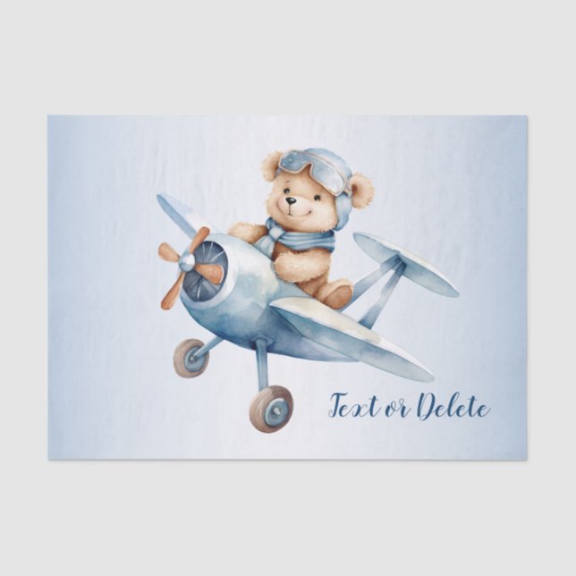 Cute Baby Bear Pilot Blue Airplane Beautiful Tissue Paper (Front)
