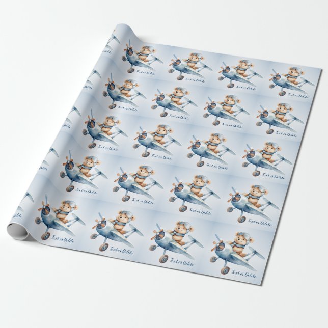 Cute Baby Bear Pilot Blue Airplane Beautiful Wrapping Paper (Unrolled)
