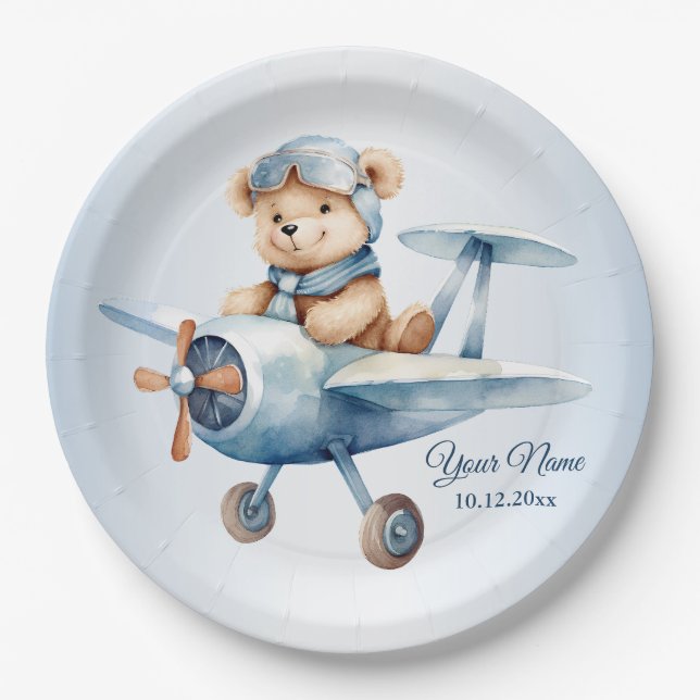 Cute Baby Bear Pilot Blue Airplane Paper Plates (Front)