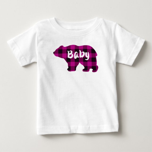 Cute baby bear pink black plaid pattern baby T-Shirt (Front)