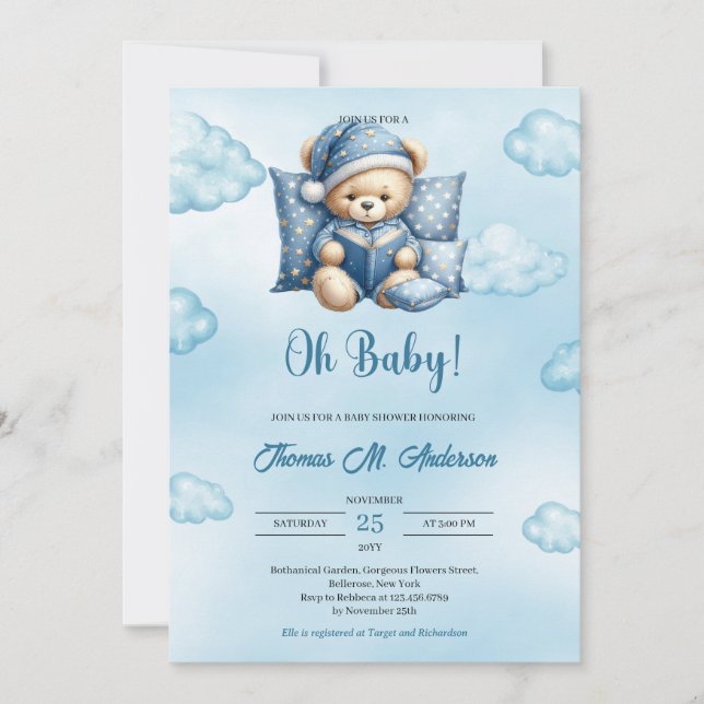 Cute baby bear reading a book boy Baby Shower  Invitation (Front)