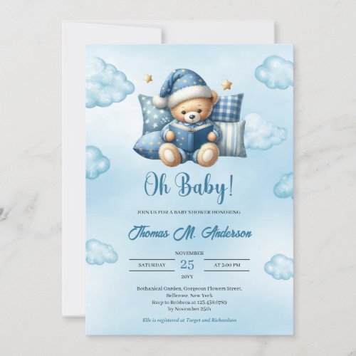 Cute baby bear reading a book boy Baby Shower  Invitation