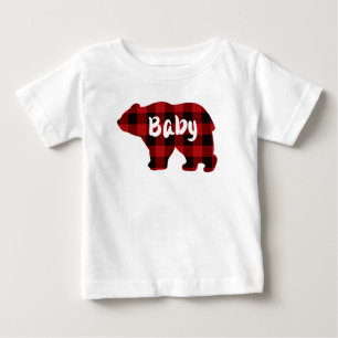 Cute Baby bear red black buffalo plaid pattern Baby T-Shirt