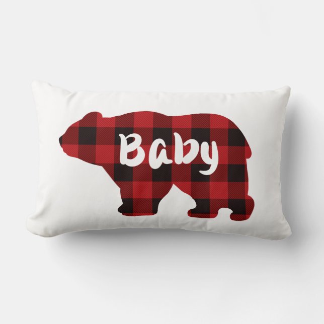 Cute Baby bear red black buffalo plaid pattern Lumbar Pillow (Front)
