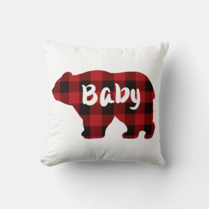 Cute baby bear red black plaid pattern throw pillow