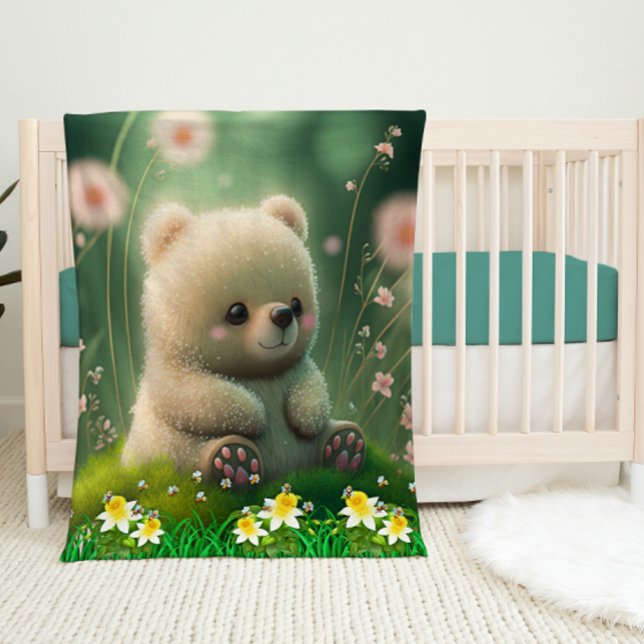 Cute Baby Bear Sitting in a Garden of Flowers  Baby Blanket (Creator Uploaded)