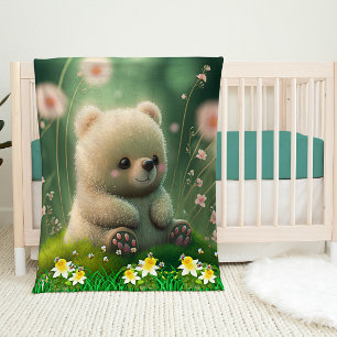 Cute Baby Bear Sitting in a Garden of Flowers  Blanket