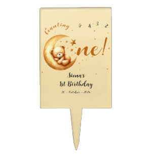 Cute Baby Bear Sleeping On The Moon 1st Birthday Cake Topper