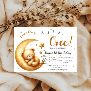 Cute Baby Bear Sleeping On The Moon 1st Birthday Invitation