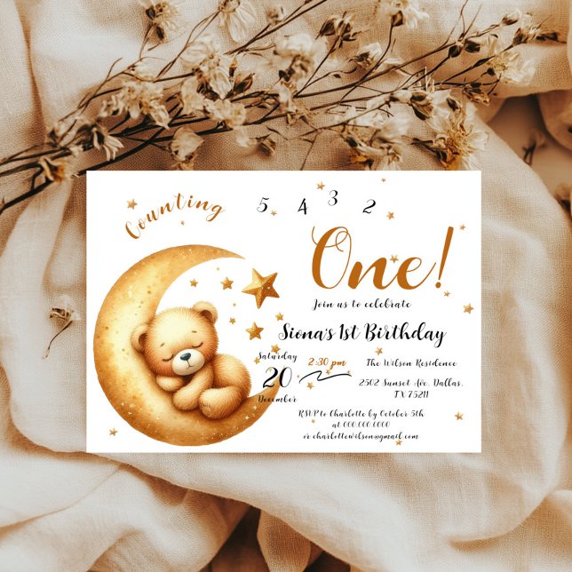 Cute Baby Bear Sleeping On The Moon 1st Birthday Invitation (Creator Uploaded)