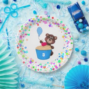 Cute Baby Bear Vanilla Cupcake Birthday Paper Plates