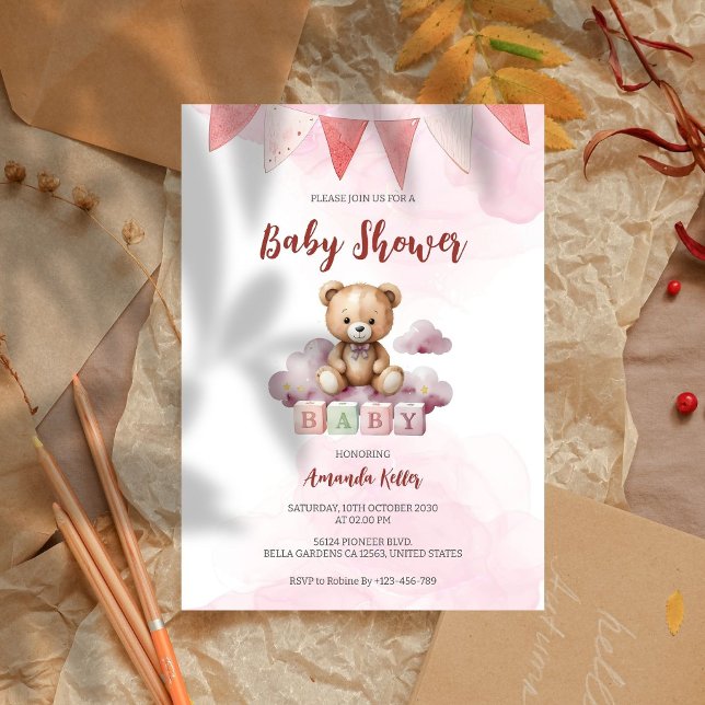 Cute Baby Bear Watercolor Baby Shower Invitation (Creator Uploaded)