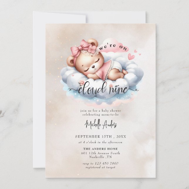 Cute Baby Bear | Watercolor Girl Baby Shower Invitation (Front)