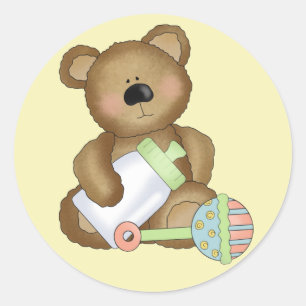 Cute Baby Bear with Baby Bottle and Rattle Classic Round Sticker