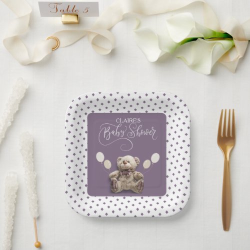 Cute Baby Bear with Balloons Purple White  Paper Plates