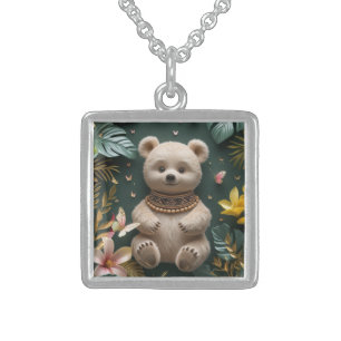 Cute Baby Bear with Floral and Butterfly Design Sterling Silver Necklace