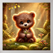 Cute Baby Bear with Flowers in Enchanted Forest |