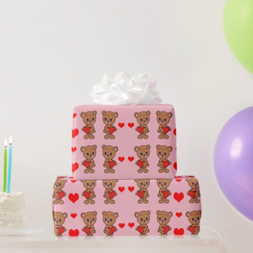 Cute baby bear with hearts wrapping paper