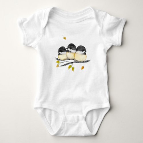 Cute Baby Bird 3 Chickadees on Tree Branch Baby Bodysuit