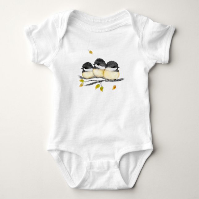 Cute Baby Bird 3 Chickadees on Tree Branch Baby Bodysuit (Front)