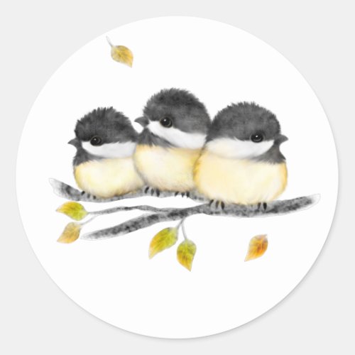 Cute Baby Bird 3 Chickadees on Tree Branch Classic Round Sticker