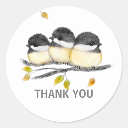 Cute Baby Bird 3 Chickadees on Tree Branch Classic Round Sticker