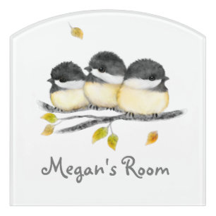 Cute Baby Bird 3 Chickadees on Tree Branch Door Sign