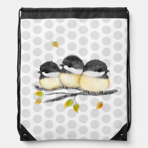 Cute Baby Bird 3 Chickadees on Tree Branch Drawstring Bag