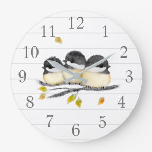 Cute Baby Bird 3 Chickadees on Tree Branch Large Clock