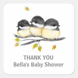 Cute Baby Bird 3 Chickadees on Tree Branch Square Sticker