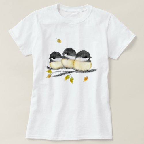 Cute Baby Bird 3 Chickadees on Tree Branch T_Shirt