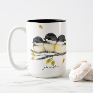 Cute Baby Bird 3 Chickadees on Tree Branch Two-Tone Coffee Mug