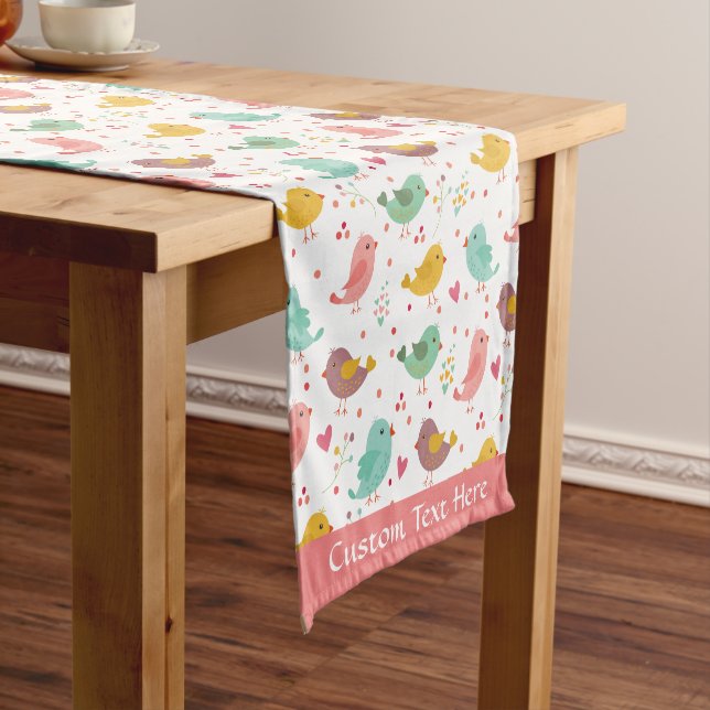 Cute Baby Bird Heart Pink Teal Purple Personalized Short Table Runner (In Situ)
