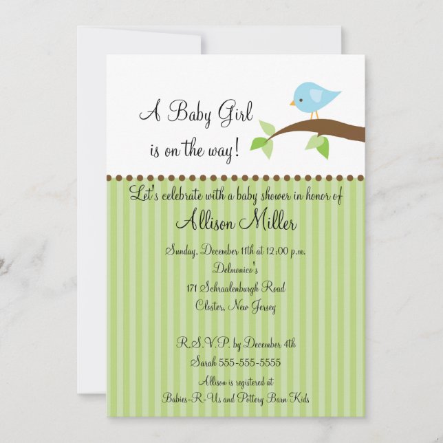 Cute Baby Bird on Branch Boy Baby Shower Invitation (Front)
