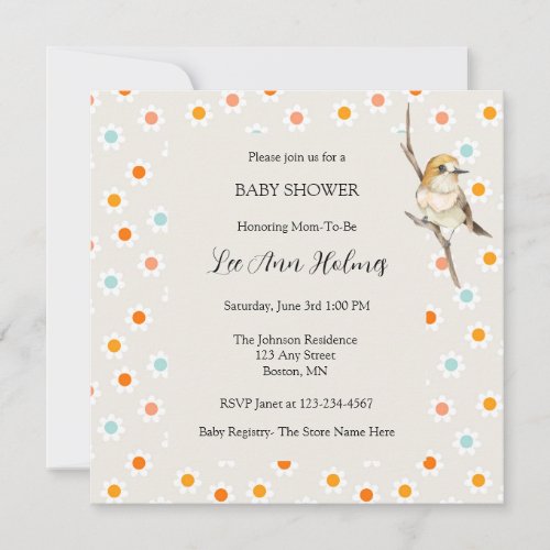 Cute Baby Bird Tiny Flowers Baby Shower Invitation