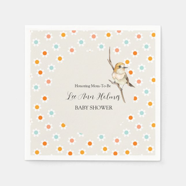 Cute Baby Bird Tiny Flowers Baby Shower Napkins (Front)