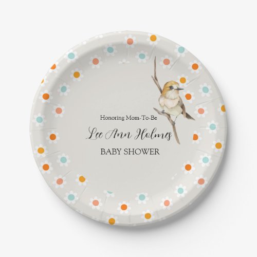 Cute Baby Bird Tiny Flowers Baby Shower  Paper Plates