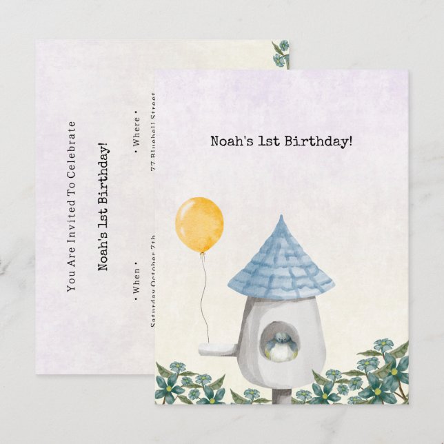 Cute Baby Bird With Yellow Balloon Invitation Postcard (Front/Back)