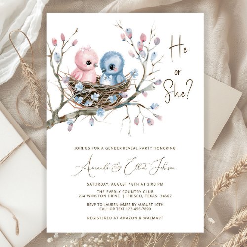 Cute Baby Birds Gender Reveal Party Invitation