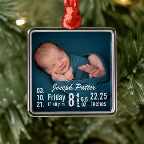 Cute Baby Birth Stats Birth Record Christmas Photo Metal Ornament